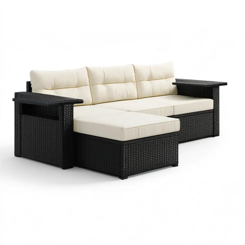 Zestaw ogrodowy z technorattanu, sofa 3-osobowa z pufą, czarny/kremowy, sofa 200 x 75 x 65 cm, pufa 70 x 70 x 32 cm