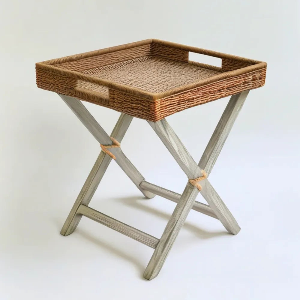 Składany mebel z prostokątną tacą rattanową 60 x 40 x 60 cm Brązowy/Jasnoszary