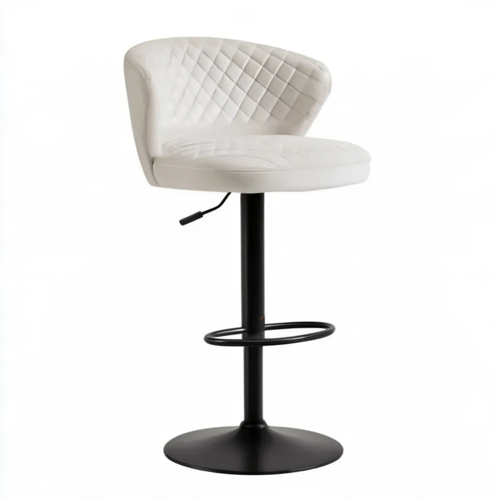 Hoker barowy regulowany z białą tapicerką PVC i czarną stalową podstawą 54 x 50 x 88–109 cm