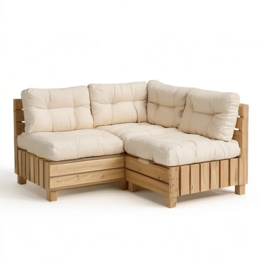 Narożna sofa ogrodowa z litego drewna sosnowego, naturalny brąz i beż, 140 x 140 x 75 cm